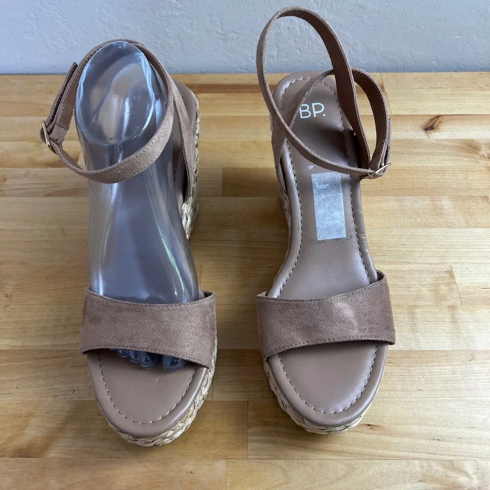 BP Wedges Ginny Tan Faux Suede Ankle Strap Woven Espadrille‎ Sandals Size 9.5 M